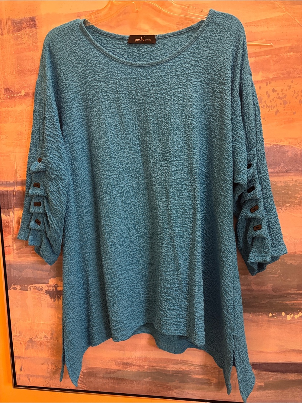Yushi Blue Textured Button-Tab Sleeve Tunic
